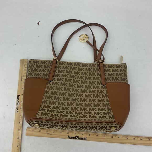 Michael Kors Canvas Monogram Women's Top Handle Tote Bag Tan & Brown Preowned - Picture 2 of 6
